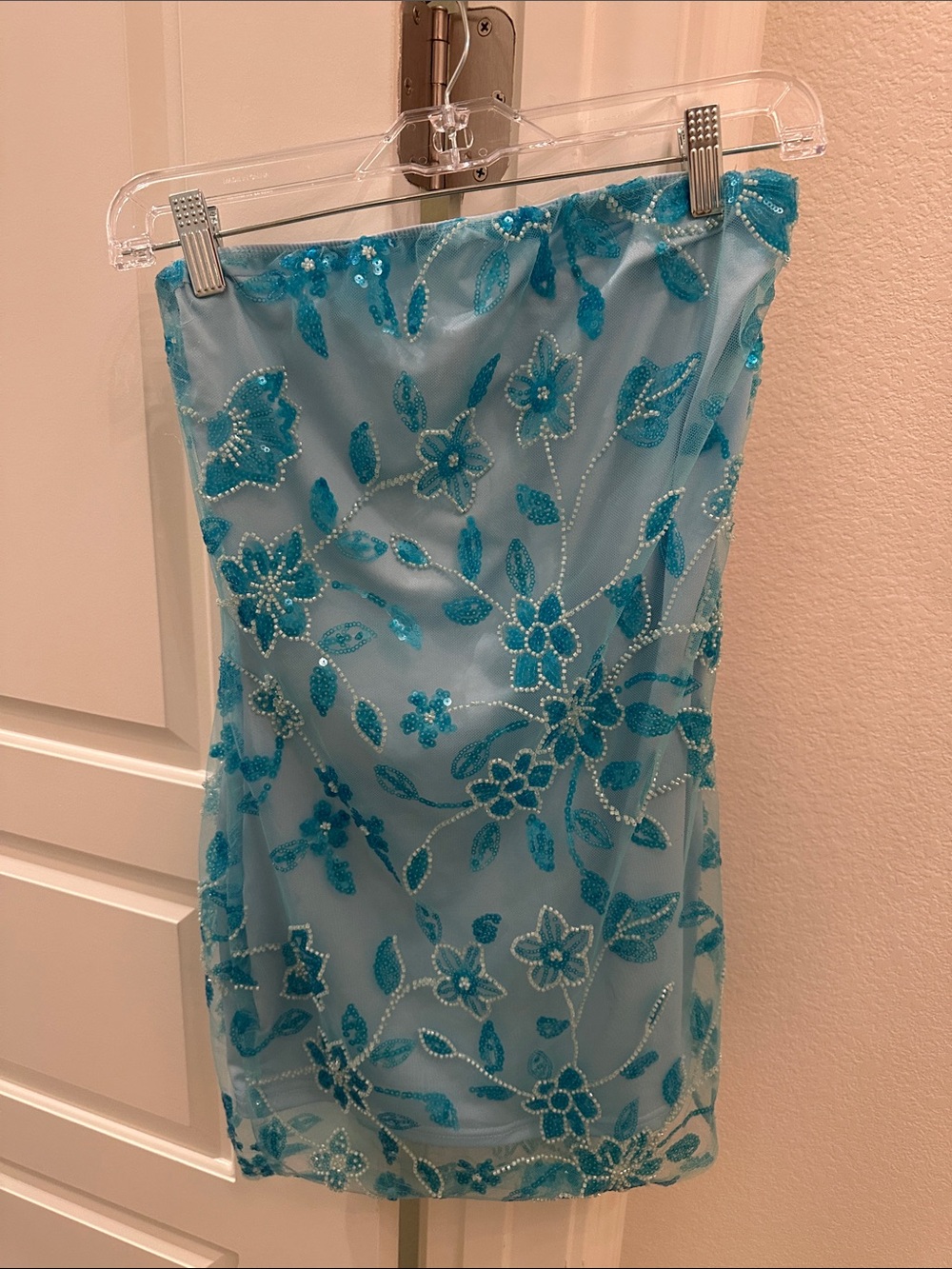 Strapless Blue Floral Sequin Swim Cover-Up